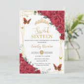 Invitation Roses Rouges Florales Papillons Dorés Sweet Seize (Debout devant)