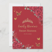 Invitation Roses Rouges Florales Papillons Dorés Sweet Seize (Dos)