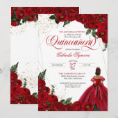 Invitation Roses rouges & Gold Elegant Gown Quinceañera (Devant / Derrière)
