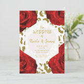 Invitation Roses Rouges Guépard Or Blanc Chic Mariage Léopard (Debout devant)