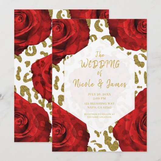 Invitation Roses Rouges Guépard Or Blanc Chic Mariage Léopard (Devant / Derrière)