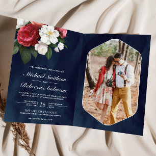 Invitation Roses Rouges Magnolia Blanc Code QR Bleu Nuit Mari