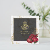 Invitation Roses rouges Marbre d'or noir Mariage musulman isl (Debout devant)