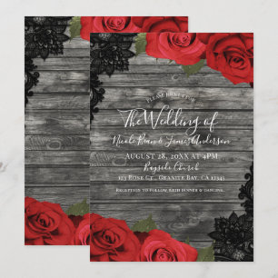 Invitation Roses Rouges Mariage Bois Rustique Dentelle Noire
