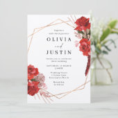 Invitation Roses rouges Mariage géométrique en argent métalli (Debout devant)