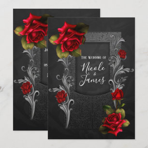 Invitation Roses Rouges Mariage Gothique Orné Noir