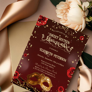 Invitation Roses Rouges Masque Perles Douce 16