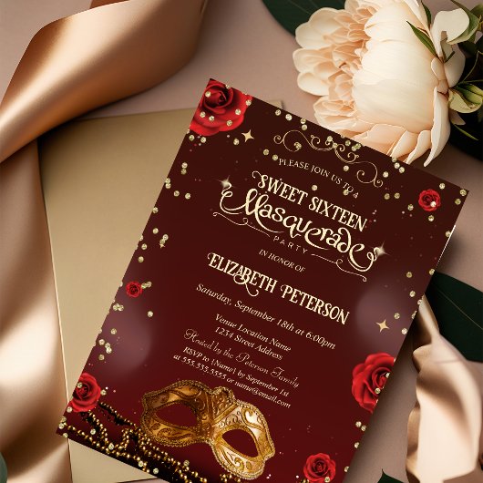 Invitation Roses Rouges Masque Perles Douce 16