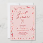 Invitation Roses rouges mignons rubans illustrations Sweet 16 (Devant)
