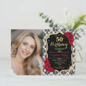 Invitation Roses rouges Noir Blanc Damas Photo 50e anniversai (Debout devant)