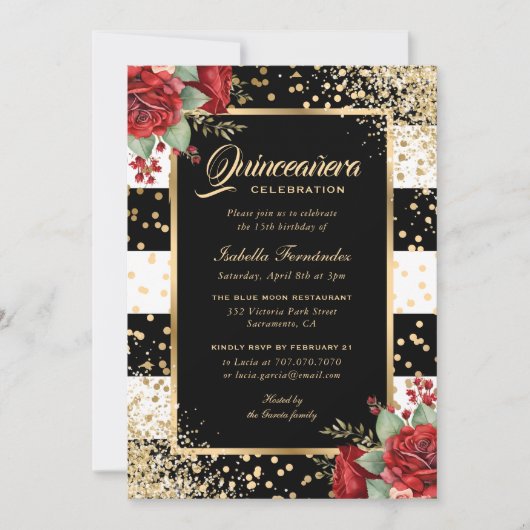 Invitation Roses rouges Noir Confetti Floral Quinceañera (Devant)