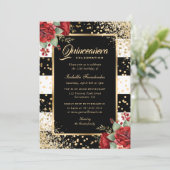 Invitation Roses rouges Noir Confetti Floral Quinceañera (Debout devant)