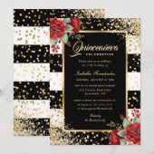Invitation Roses rouges Noir Confetti Floral Quinceañera (Devant / Derrière)