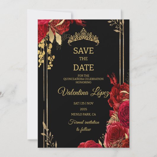 Invitation Roses Rouges Noires Quinceañera Sauvegarder la Dat (Devant)