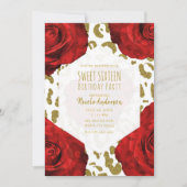 Invitation Roses rouges Or blanc Guépard Léopard Sweet 16 Inv (Devant)