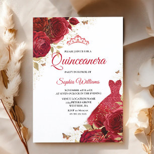 Invitation Roses Rouges Pailletées Quinceanera