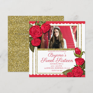 Invitation Roses rouges paillettes dorées fête d'anniversaire
