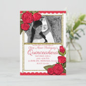 Invitation Roses rouges paillettes dorées Fête d'anniversaire (Debout devant)