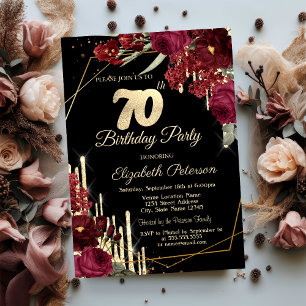 Invitation Roses Rouges Paillettes Gouttes Noire 70e Annivers
