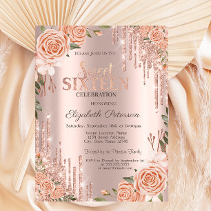 Invitation Roses Rouges Paillettes Gouttes Rose Doré Sweet 1