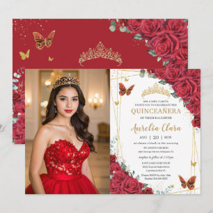 Invitation Roses Rouges Papillons Dorés Photo de Quinceanera
