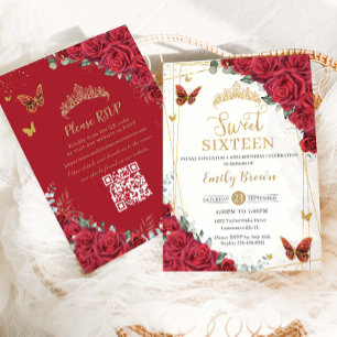 Invitation Roses Rouges Papillons Dorés Sweet Seize QR RSVP