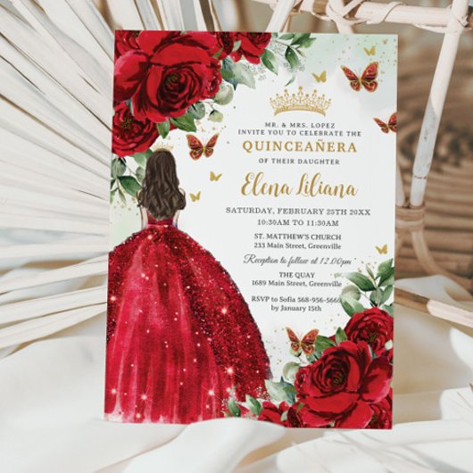 Invitation Roses rouges Papillons floraux Quinceañera Sweet 1