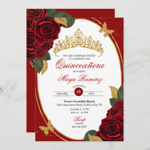 Invitation Roses rouges Parties scintillant or papillon Quinc