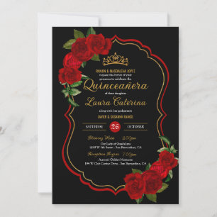 Invitation Roses rouges Quinceanera noir et or élégant