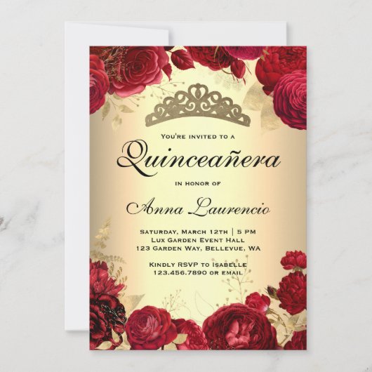Invitation Roses rouges Quinceanera or (Devant)