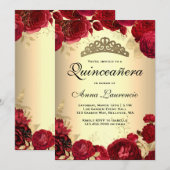 Invitation Roses rouges Quinceanera or (Devant / Derrière)