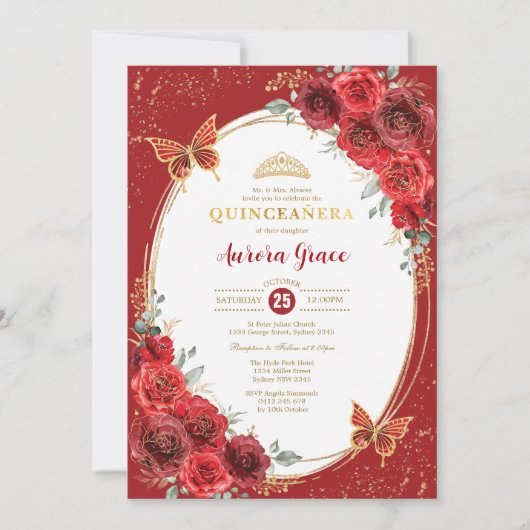 Invitation Roses rouges Quinceañera Papillon 15e anniversaire (Devant)