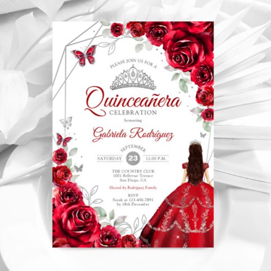 Invitation Roses rouges Quinceanera robe Argent