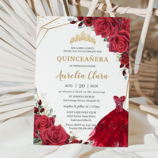 Invitation Roses rouges Quinceañera Roses Floral Gold Princes