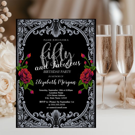 Invitation Roses rouges, Rayures gothique 50e anniversaire