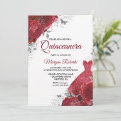 Invitation Roses Rouges Robe Argentée Quinceanera (Debout devant)