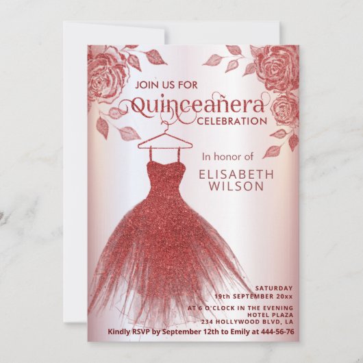 Invitation Roses rouges robe parties scintillant rouge Quince (Devant)