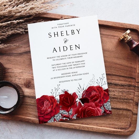 Invitation Roses rouges romantiques et Mariage d'argent