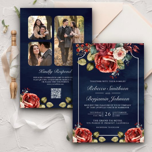 Invitation Roses Rouges Romantiques Floral Code QR Mariage Na
