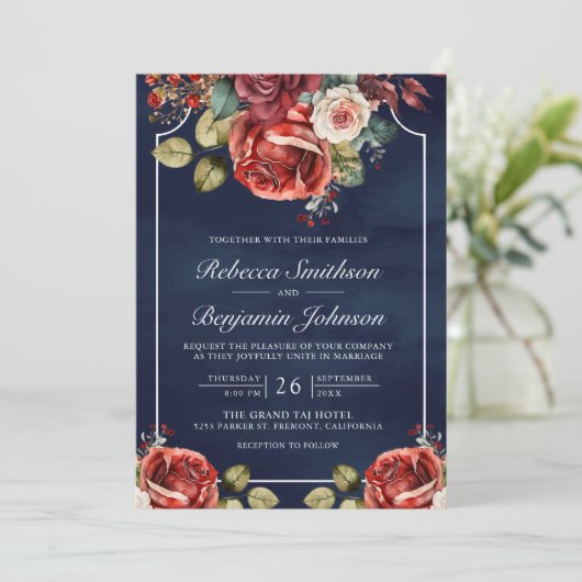 Invitation Roses rouges romantiques Floral Marine QR Code Mar (Debout devant)