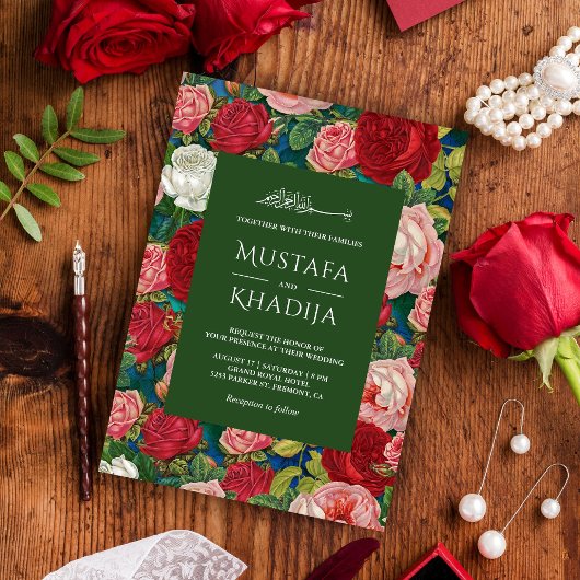 Invitation Roses rouges romantiques Motif floral Mariage isla