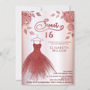 Invitation Roses rouges romantiques robe de parties scintilla