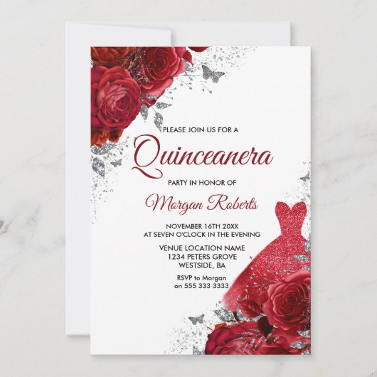 Invitation Roses Rouges Roses Étincelle Robe Argent Quinceane (Devant)