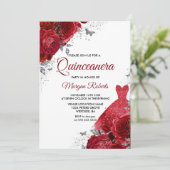 Invitation Roses Rouges Roses Étincelle Robe Argent Quinceane (Debout devant)