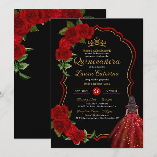 Invitation Roses rouges Roses noires et or robe élégante Quin (Devant / Derrière)