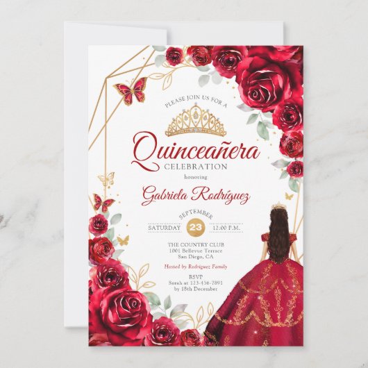Invitation Roses rouges Roses robe or blanc Quinceanera (Devant)
