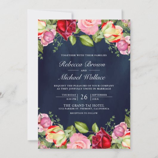 Invitation Roses rouges roses romantiques Code QR Mariage ble (Devant)
