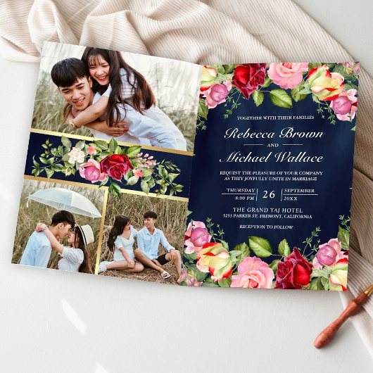 Invitation Roses Rouges Roses Roses Code QR Bleu Nuit Mariage