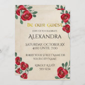 Invitation Roses rouges sur papier parchemin (Devant / Derrière)