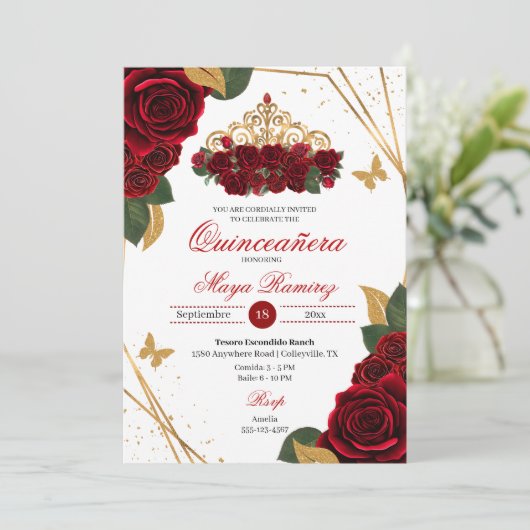Invitation Roses rouges Tiara Gold Parties scintillant Quince (Debout devant)